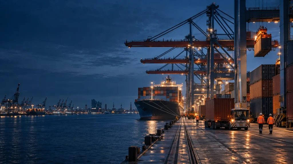 Containerterminal im Hamburger Hafen bei Dämmerung