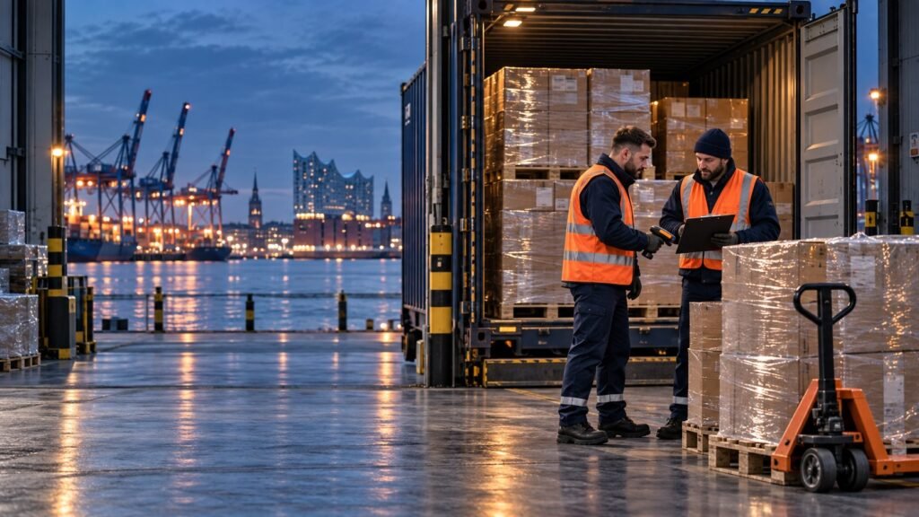 Zwei Logistikmitarbeiter planen die Kosten einer Containerentladung im Hamburger Hafen