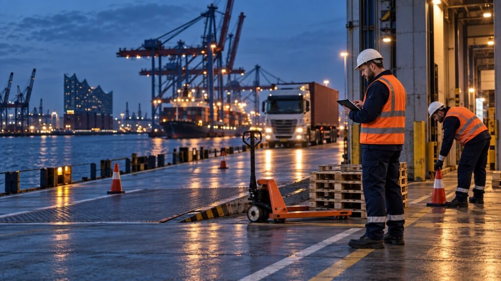 Logistikteam bereitet eine Entladezone im Hamburger Hafen vor