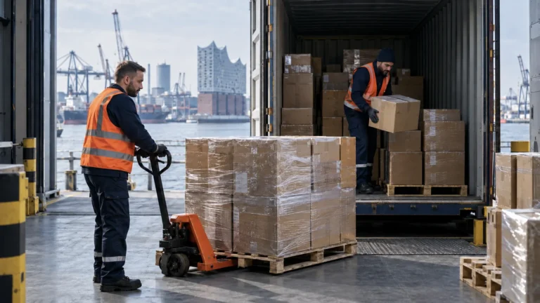 Mitarbeiter bei der Entladung eines Containers an einer Laderampe