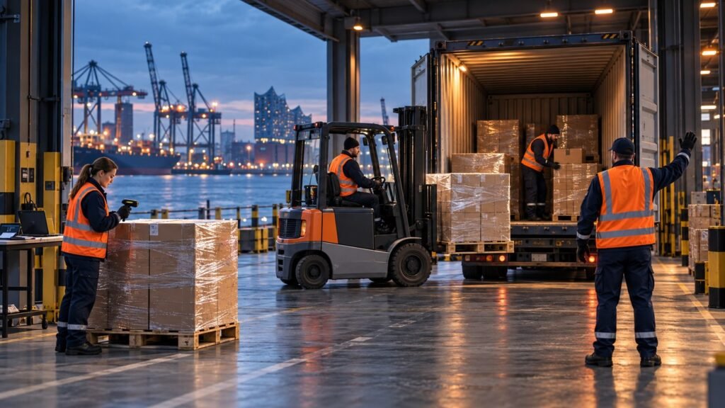 Koordiniertes Logistikteam entlädt einen Container in Hamburg