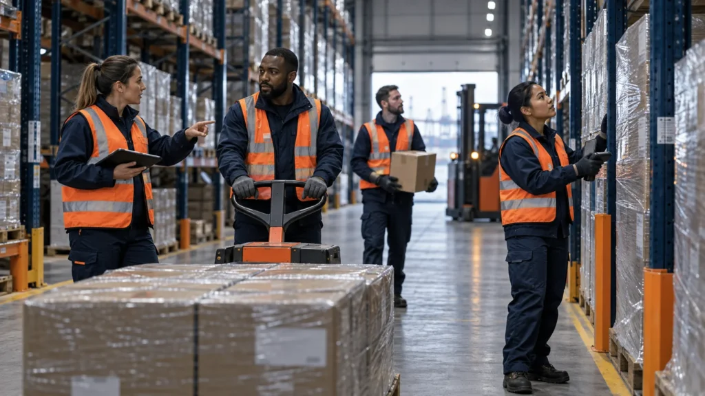 Lagerteam in einem Logistikzentrum zwischen Hochregalen