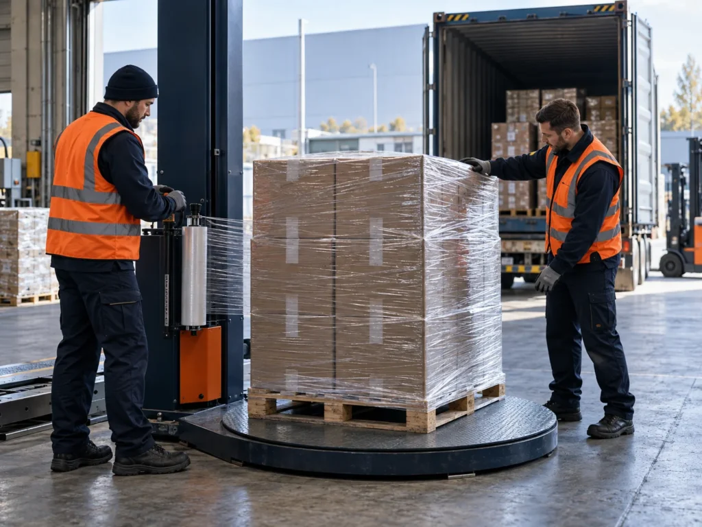 Palettierte Waren beim Stretchen und Sichern für den Weitertransport