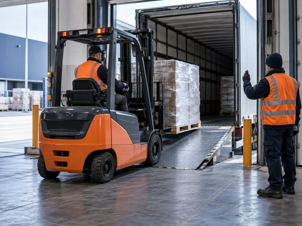 Gabelstapler bei der Lkw-Be- und Entladung an einer Laderampe