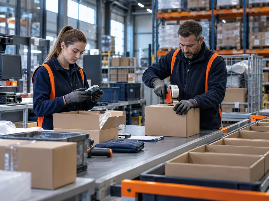 Mitarbeiter bei Qualitätsprüfung und Neuverpackung von Waren