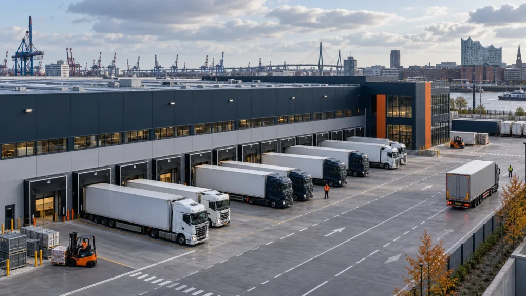 Logistikzentrum mit Laderampen und Lkw in Hamburg