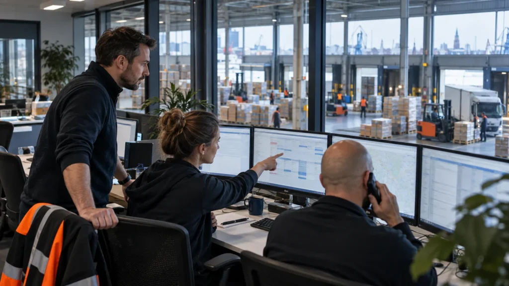Logistik-Leitstelle mit Arbeitsplätzen und Blick in die Lagerhalle