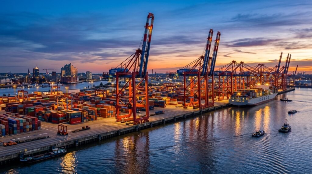 Hamburger Hafen Containerterminal bei Dämmerung – AMUN Logistik GmbH