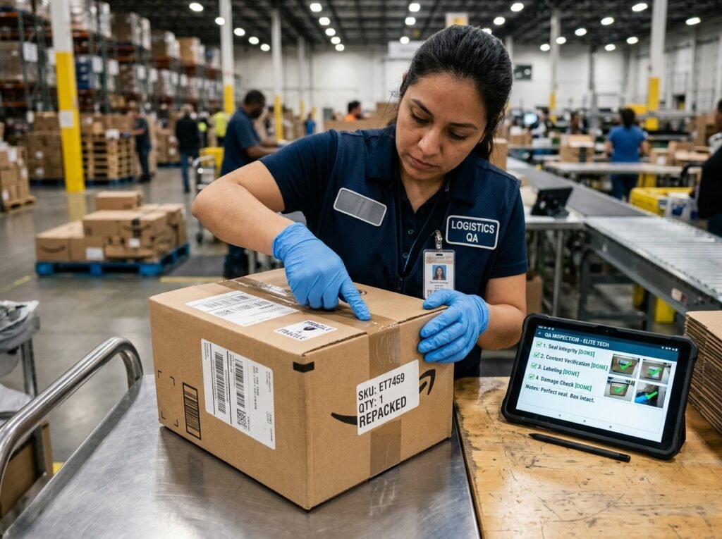 Detaillierte Qualitätsprüfung und Neuverpackung von Handelswaren mit digitalem Prüfprotokoll